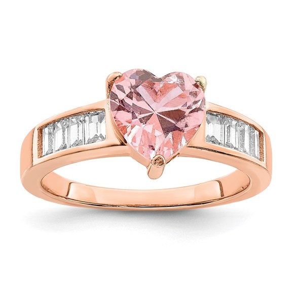 925 Sterling Silver Rose-plated Crystal Heart and White CZ Baguette Ring - Picture 1 of 6